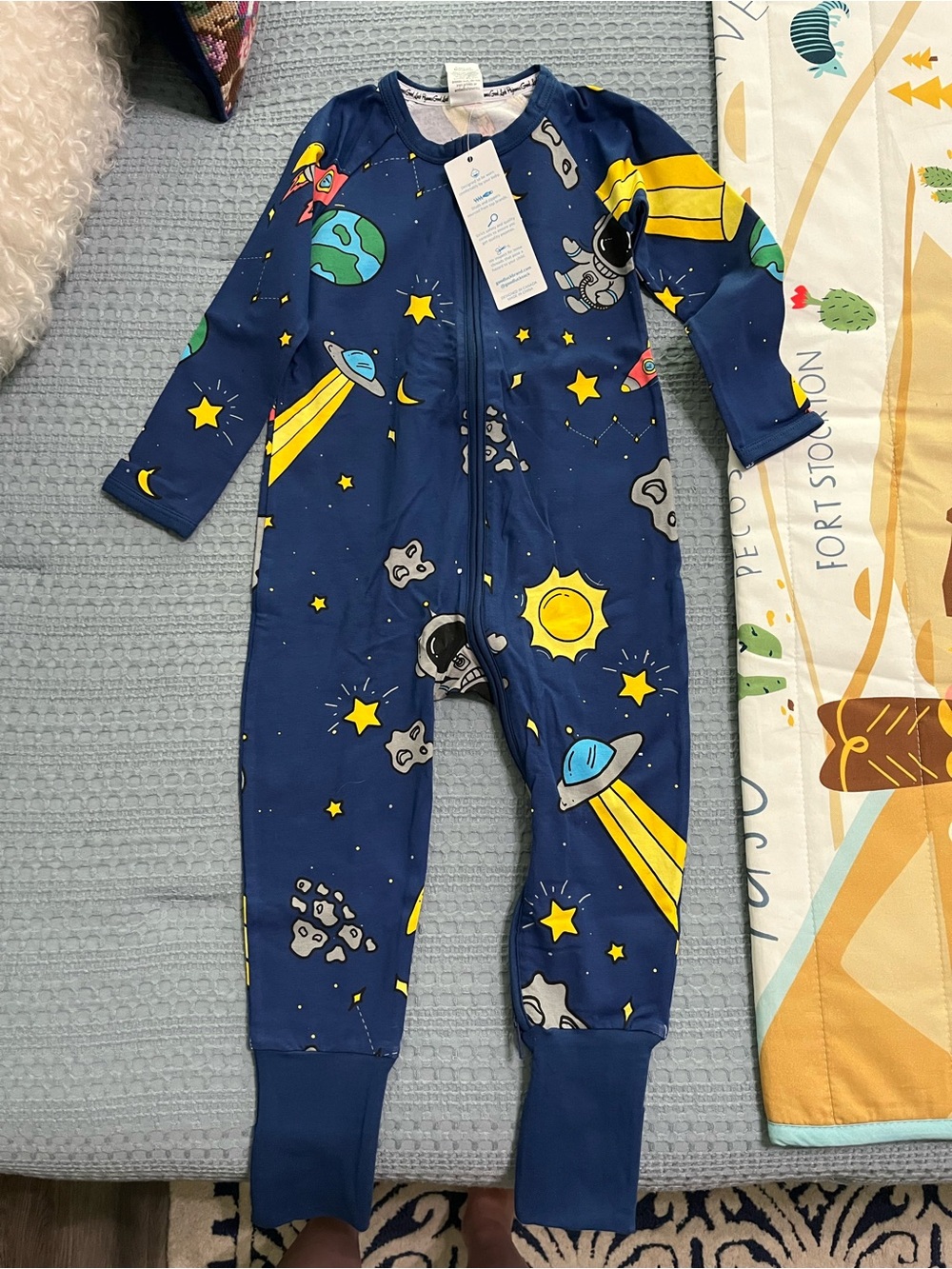 Kids Space-Themed One-Piece Pajamas - Navy with Yellow Stars